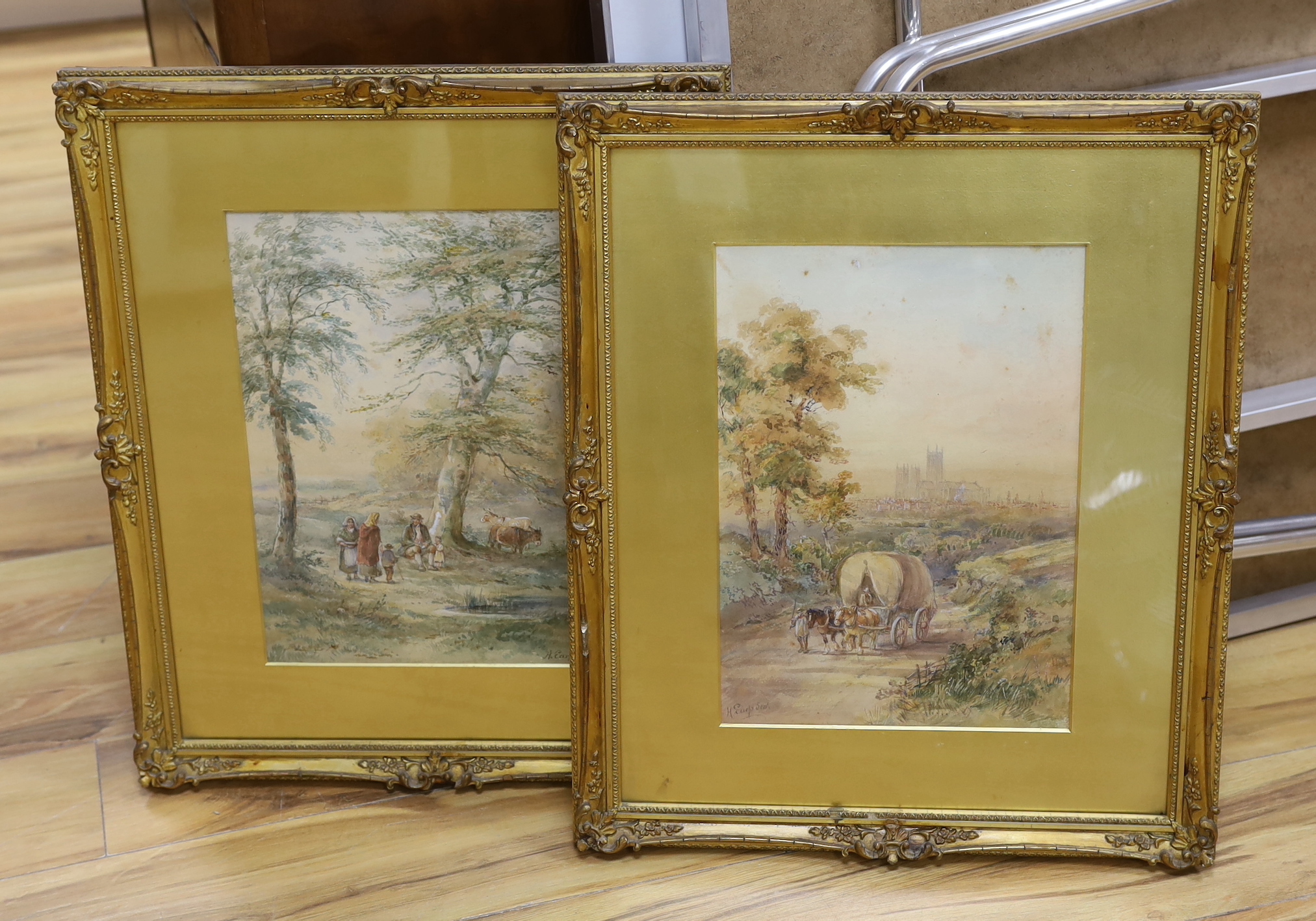 Henry Earp Snr.(1831-1914), pair of watercolours, Travellers seated beside a pond and Wagon in a landscape, both signed, 36 x 26cm